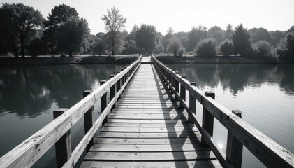 Striped monochrome wooden bridge spanning tranquil water, crossing, rural, contrast