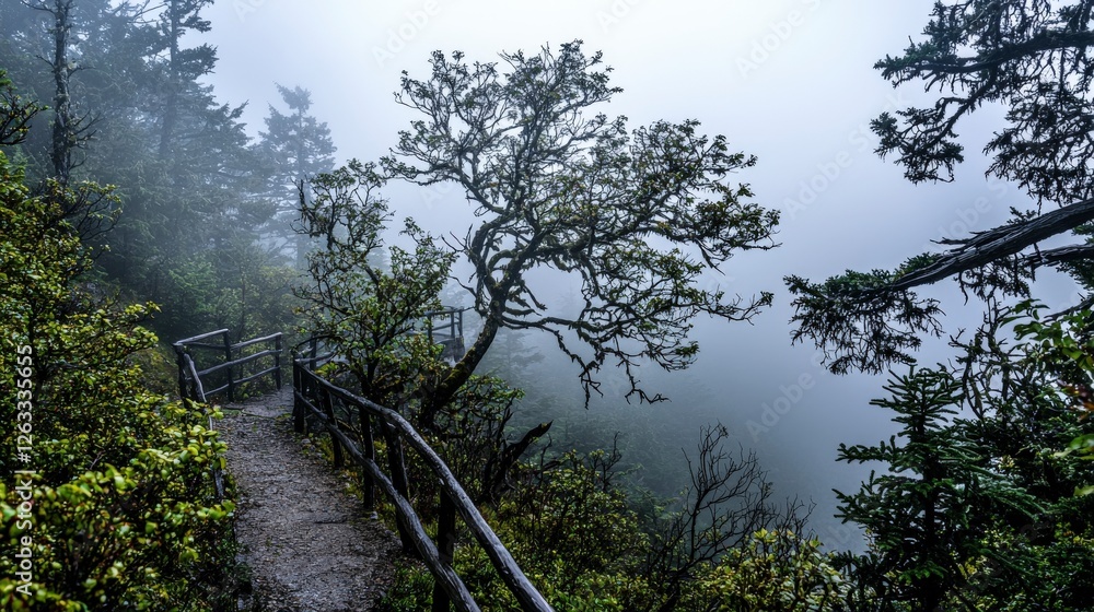 Aufkleber dense fog envelops mountain path nature scene enigmatic atmosphere breathtaking viewpoint