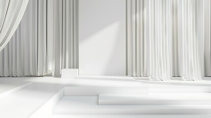 A pure white podium with crisp white curtains, arranged in clean, straight lines for a pristine, minimalist look