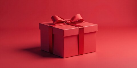 A Single Red Gift Box with a Matching Ribbon Bow on a Red Background