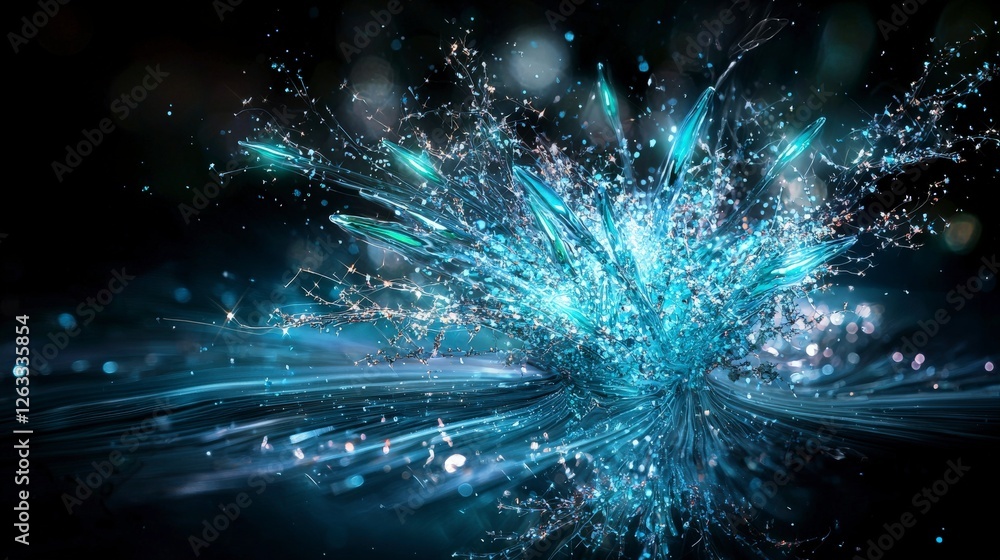 Aufkleber Dynamic turquoise light breaking through shadows abstract digital art illumination on dark background