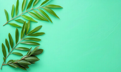 Fototapeta premium Green Leaves on a Soft Mint Background, Perfect for Nature-Themed Designs and Eco-Friendly Projects with Fresh and Vibrant Appeal