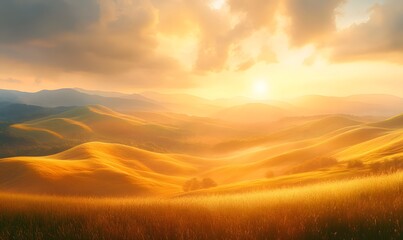 Golden hour illuminates rolling hills and distant mountains under a cloudy sky