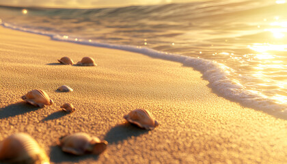 A beachside view with soft, powdery sand leading to gentle waves, tiny seashells scattered around, and warm golden sunlight glistening off the water&rsquo;s surface. 