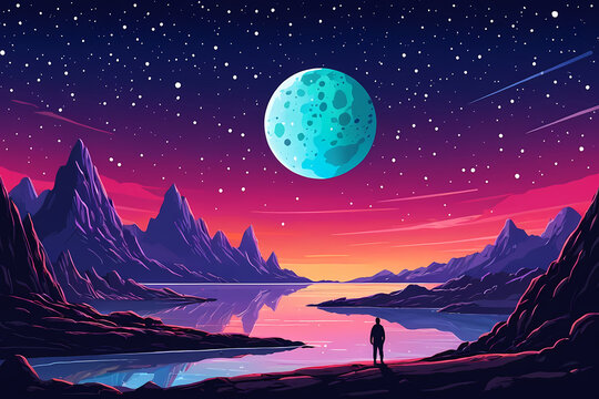 Surreal Cosmic Landscape at Night - Vibrant Moon and Starry Sky Reflecting in Mountain Lake with Silhouette