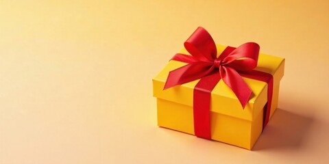 Obraz premium A vibrant yellow gift box with a bright red ribbon, perfect for celebratory occasions and conveying joy
