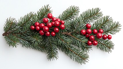 Fototapeta premium Festive fir sprig with red berries, holiday decoration, white background, winter