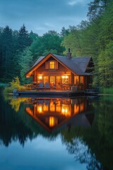 Obraz premium Lake Cabin at Night