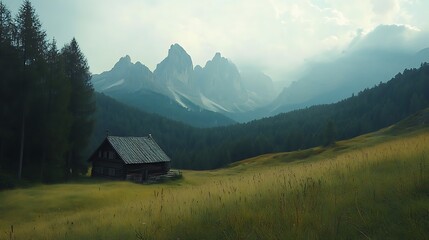 Secluded wooden cabin in a serene mountain meadow, majestic peaks in the background.