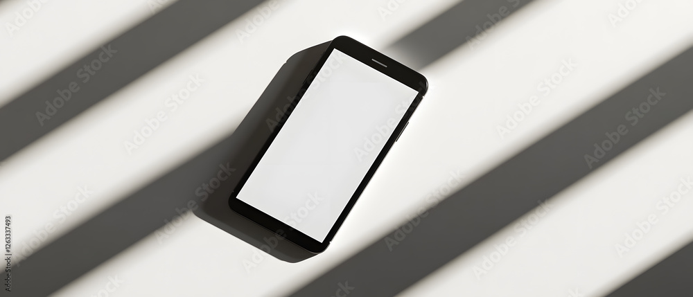 Poster sleek mobile device on light surface with shadow pattern. minimalist tech aesthetic. modern communic