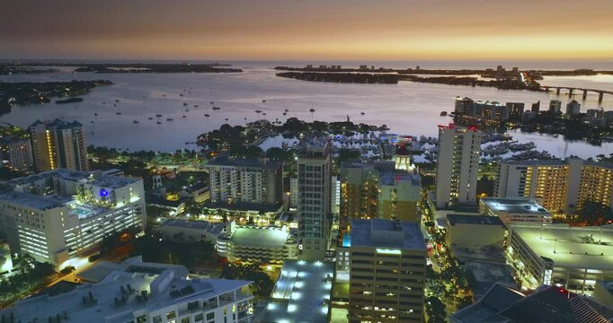 Sarasota city, Florida with waterfront office high-rise buildings and John Ringling Causeway leading from downtown to St. Armands Key.
