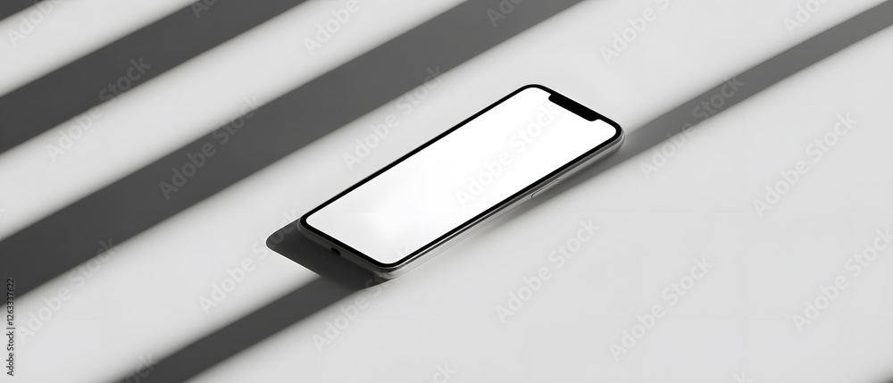 Poster sleek device on a clean surface under contrasting shadow. the screen is blank, ideal for showcasing 