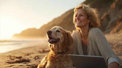 Happy woman, mid-40s, with a loyal dog beside her, working on a laptop in a serene white space.
