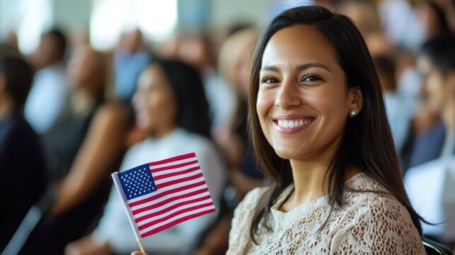 Newly naturalized female immigrant with flag