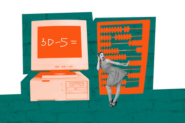 Exclusive sketch collage of astonished girl accountant stand pc monitor example abacus count elearn...