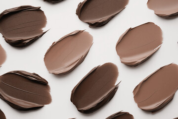 Fototapeta premium Mocha mousse, brown makeup cream smudges on white background, high angle view, artful arrangement, beauty concept