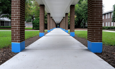 A Long Perspective View of a Covered Walkway with Brick Pillars and Blue Accents Surrounded by Lush Green Grass in an Educational Environment