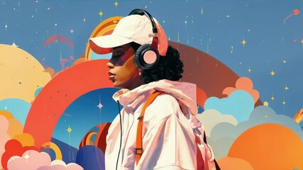 A vibrant video still of a person in headphones and cap, set against a colorful, dreamy backdrop. Side profile angle, capturing a serene mood.