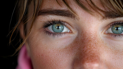 Fototapeta premium Young woman with freckles and striking blue eyes looks directly forward in a close-up portrait.