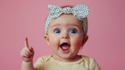 Little child with a polka-dotted headband shows delight while pointing joyfully to the left against a bright pink background