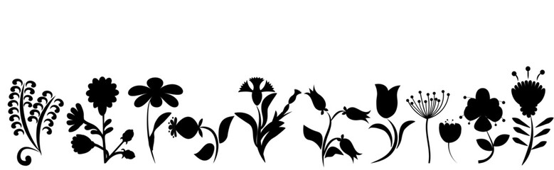 Set of silhouettes of flowers, in black color. Flat design, folk motif, Vector illustrations