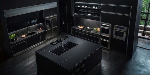 Stylish modern kitchen featuring sleek black cabinetry and center island