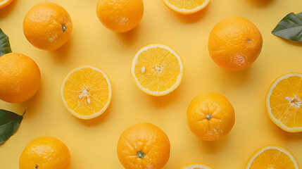 Fresh oranges arranged artistically on a vibrant yellow background, showcasing their juicy texture