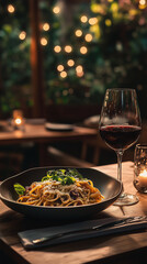 Authentic Italian cuisine with a pasta dish and red wine in a charming restaurant, close-up.