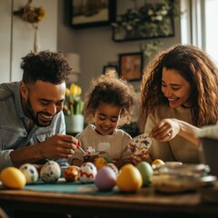 Fototapeta premium Family members laughing and decorating Easter eggs together before the big holiday meal.