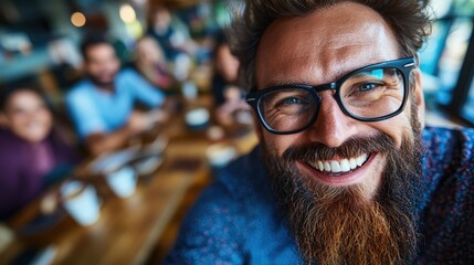 A charismatic man with a beard and glasses beams with joy while making memories with friends in a lively café atmosphere, evoking feelings of camaraderie and happiness.