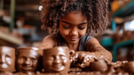 A young girl explores her artistic skills while shaping clay in a vibrant pottery studio, surrounded by creative energy and the excitement of crafting beautiful pieces.