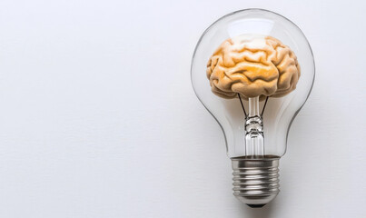 Conceptual image of human brain inside a light bulb symbolizing creative thinking, innovation, intelligence, and mental capacity in a modern artistic style
