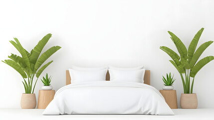 serene bedroom featuring crisp white bedding, complemented by lush green plants on either side, creating fresh and inviting atmosphere
