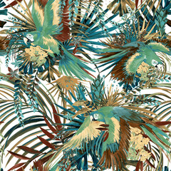 Fototapeta premium Vintage-inspired tropical pattern with stylized parrots, exotic flowers, and lush foliage in teal, brown, and cream. Seamless repeat.