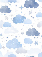 Watercolor sky with clouds, pastel blue and gray colors, patterned background