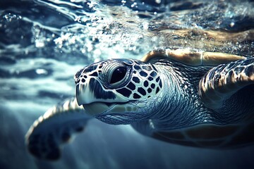 Close-up of a sea turtle swimming gracefully through crystal-clear blue water, its intricate shell patterns and gentle movements captivating the viewer's attention