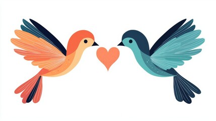 Fototapeta premium Colorful birds convey love with a heart, symbolizing harmony and connection.