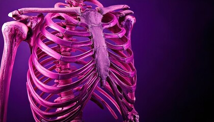 Detailed view of a colorful human ribcage model against a purple background
