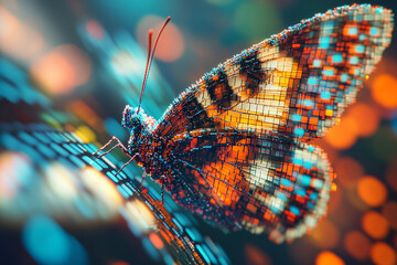 Beautiful butterfly with pixelated wings, nature, and technology mashup surreal image