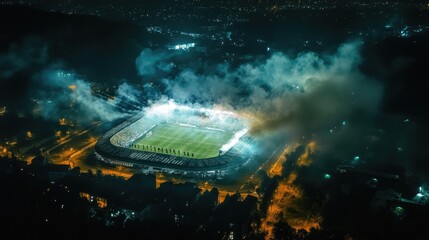 Soccer Stadium Night Aerial View