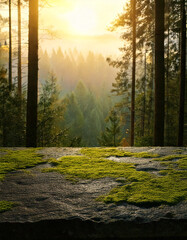 Obraz premium A dark volcanic stone table with a rough, porous texture, featuring green moss stains. Perfect for product display in natural, rustic settings, ideal for eco-friendly or outdoor product promotions.
