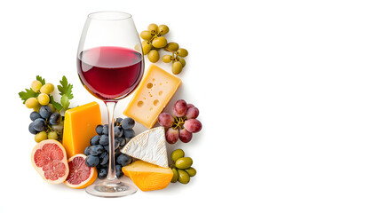 Naklejka premium beautifully arranged wine glass with assorted cheeses, grapes, and fruits creates delightful food pairing experience. Perfect for gatherings and celebrations