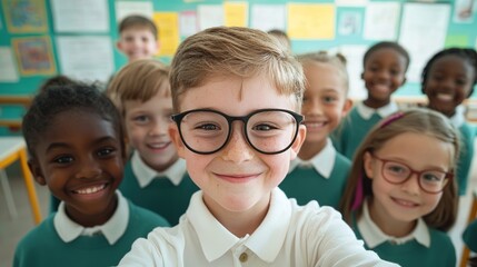 Fototapeta premium Cheerful group of elementary school kids posing in classroom setting gigapixel standard scale fun environment