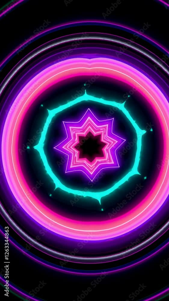 Poster a mesmerizing top-down video view of a vibrant, kaleidoscopic pattern with neon colors, creating a h