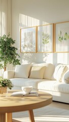Sunlit living room showcasing minimalist design with beige sofa, framed botanical art, and houseplant, creating a serene atmosphere.