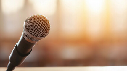 Close-up of a podcast microphone, blurred background, soft lighting.