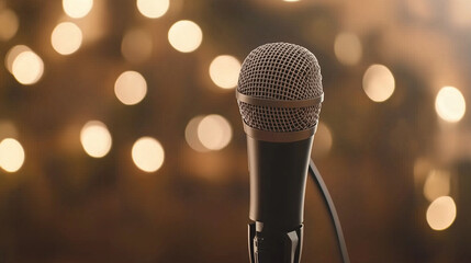 Close-up of a podcast microphone, blurred background, soft lighting.