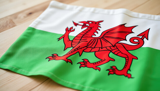 Welsh flag with red dragon on wooden surface