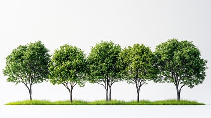 Fototapeta premium Five lush green trees in a row on grassy ground against a white background; landscape design