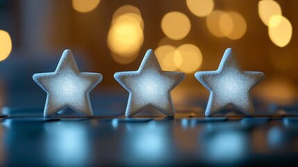 Three luminous white stars on a dark reflective surface with a bokeh background.